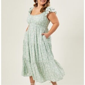 ARULA Green Midi Sundress with Ruffled Flutter Sleeves and Square Neck